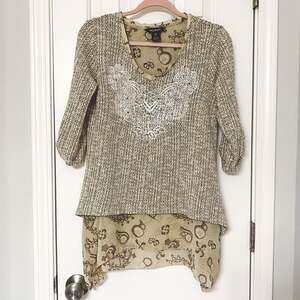 MULTIPLES • Tan Embroidered Double Layer 3/4 Sleeve Top